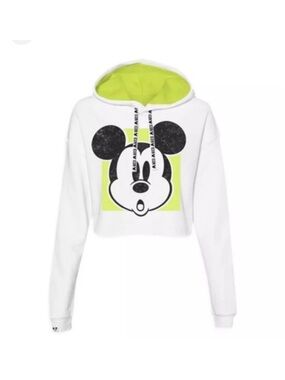 Disney Womens White Crop Hoodie XL Mickey Mouse Neon Oh Boy Strings Park Hopper